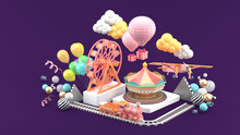 Carousel, Ferris Wheel, Train, Balloon And Plane Surrounded By Colorful Balls On A Purple Background.-3d Rendering.