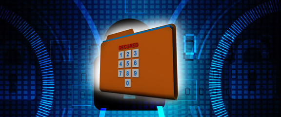 Poster - Yellow folder and lock. Data security concept. 3D rendering