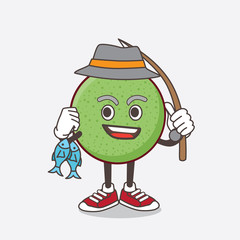 Melon Fruit cartoon mascot character fishing with 2 fishes