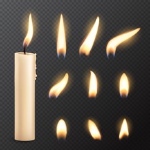 Candle With Fire Flame Lights Realistic Vector Mockup On Transparent Background. Burning Church Or Party Candle Made Of White Wax And Wick With Glowing Flares, Christmas, Birthday Or Romantic Holiday