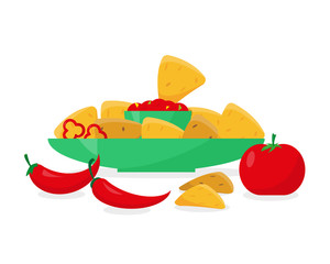 Nachos in plate with tomato or pepper sauce