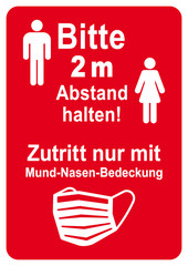 ds209 DiskretionSchild - Zeichen in rot: Schild mit der Aufschrift - Bitte 2 m Abstand halten. - Zutritt nur mit Mund-Nasen-Bedeckung (Maske tragen) - poster red / Druckvorlage DIN A1 A2 A3 A4 g9621