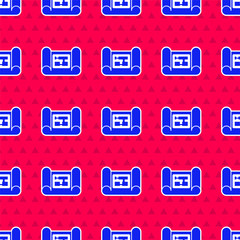 Blue House plan icon isolated seamless pattern on red background. Vector