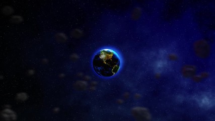 Wall Mural - Realistic space animation with a rotating moon around the blue planet Earth with flying asteroids and meteorites. 