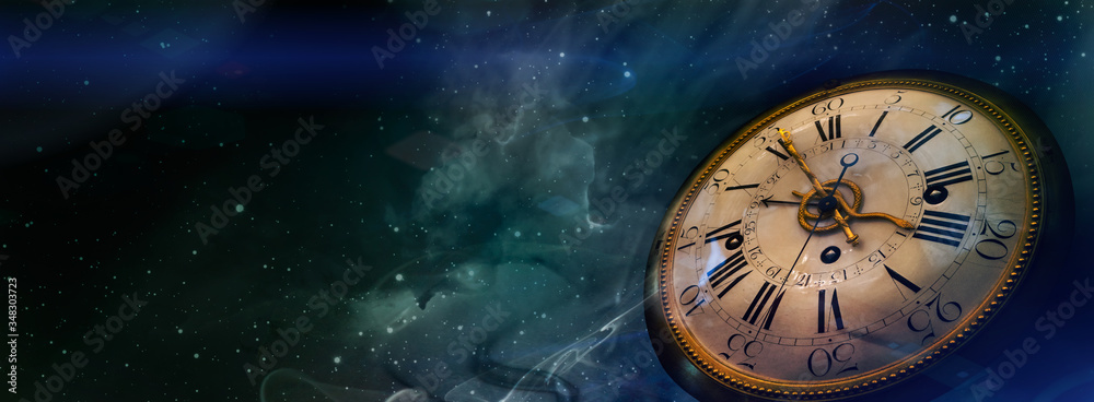 Clock face of the old watch on the night sky background with stars. Philosophy image of space time dimension. - obrazy, fototapety, plakaty 