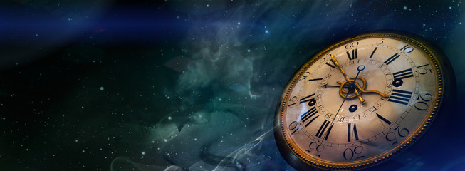 clock face of the old watch on the night sky background with stars. philosophy image of space time d