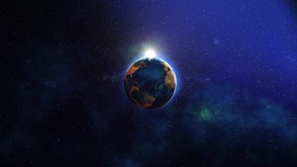 Wall Mural - Realistic space animation with a rotating moon around the blue planet Earth. 