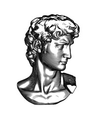 Retro engraving bust and head of David sculpture illustration on white BG