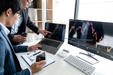 Poster - Business team investment working with computer, planning and analyzing graph stock market trading with stock chart data, business financial investment and technology concept