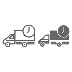 Poster - Car delivery line and solid icon, delivery symbol, fast logistic lorry with clock vector sign on white background, shipping truck icon in outline style mobile concept and web design. Vector graphics.
