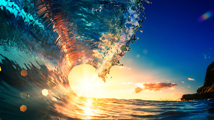Fototapete - Sea wave surfing ocean lip shorebreak crest in Hawaii