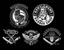 Set Of Vintage Barbershop Emblems, Labels And Logos.The Barber With Hair Clipper And Hairbrush. Vintage Barber Chair. Vector Illustration.