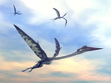 Three Quetzalcoatlus Flying Together By Sunset - 3D Render