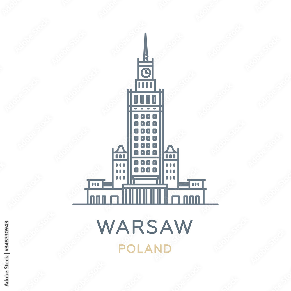 Warsaw, ‎Poland. Line icon of the city in Eastern Europe. Outline symbol for web, travel mobile app, infographic, logo. Landmark and famous building. Vector in flat design, isolated on white - obrazy, fototapety, plakaty 