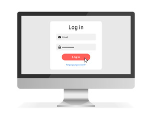 Poster - Sign in page on computer screen. Desktop computer with login form and sign in button. Vector illustration.