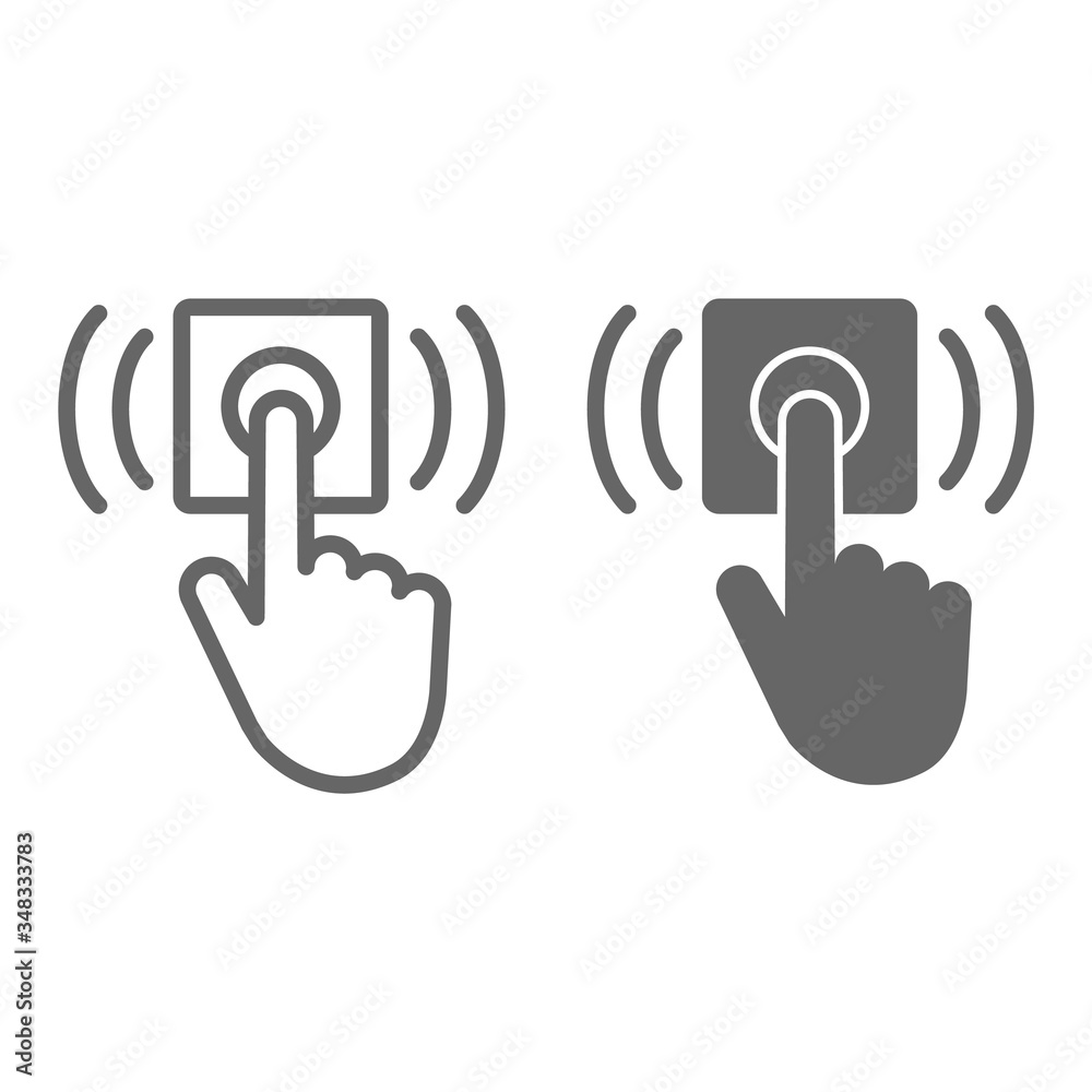 Ring door bell line and solid icon, delivery symbol, Hand push bell button vector sign on white background, finger pressing doorbell icon in outline style for mobile and web design. Vector graphics. - obrazy, fototapety, plakaty 