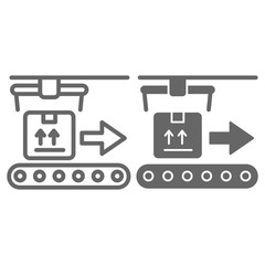 Poster - Conveyor shipping line and solid icon, delivery symbol, automatic product packaging vector sign on white background, Robotic packaging icon in outline style for mobile and web design. Vector graphics.