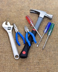 Construction tools in equipment supply kit for home repairs and building projects