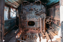 Old Steam Engine Of Abandoned Steam Locomotive Inside Driving Cabin