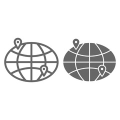Poster - Delivery from one point of earth to another line and solid icon, delivery symbol, Planet earth with two pointer vector sign on white background, international delivery icon in outline style. Vector.