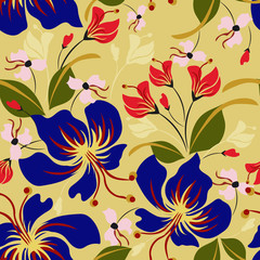 Naklejka na meble Vector tropical floral seamless pattern. Elegant background with exotic flowers, leaves, jungle plants, hand drawn elements. Abstract botanical ornament. Summer style. Modern wallpapers design