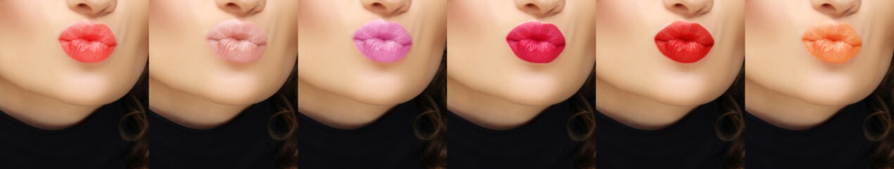 Collage female lips with different color of lipsticks . 