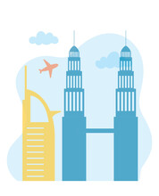 Petronas Twin Towers Skyline Airplane Urban City Scene