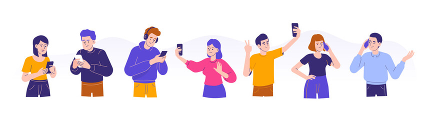 Young people using smartphones concept. Men and women talking, typing, chatting, listening music and taking selfies with phones. Female and male characters collection or set. Flat vector illustration