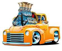 American Classic Hot Rod Pickup Truck Cartoon Isolated Vector Illustration With Huge Chrome Engine, Orange And Yellow Flame Paint Scheme, Big Tires And Chrome Rims, Cool Low Rider Stance