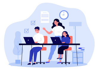 Aufkleber - female teacher explaining lesson to students. boy and girl learning with tutor flat vector illustrat