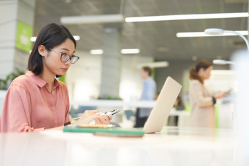 Wall Mural - side view portrait of asin young woman using laptop at work in office, copy space