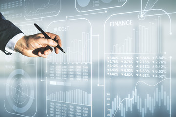 Poster - Double exposure of male hand with pen working with abstract virtual statistics data hologram on blurred office background, statistics and analytics concept