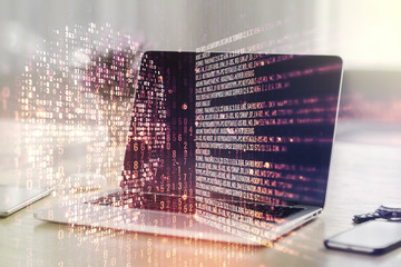 Poster - Creative code skull sketch on modern laptop background, theft of personal data and malware concept. Multiexposure
