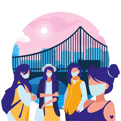 Poster - women walking in the city wearing face mask