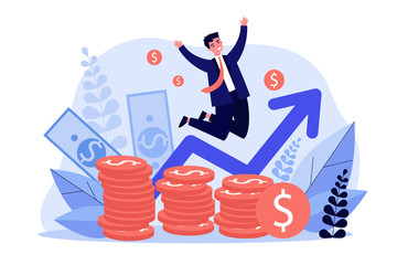 Happy banker jumping over coins flat vector illustration. Cartoon rich businessman celebrating finance growth. Market and income chart concept