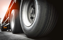 Close Up Truck Wheels, Semi Truck Trailer On Parking, Road Freight Transport
