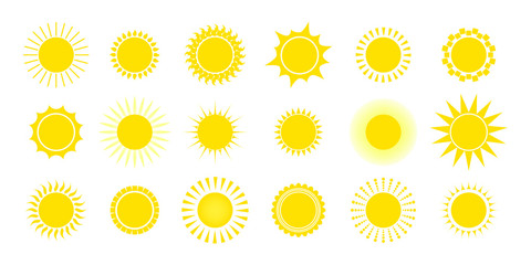 Poster - Yellow sun flat icon collection. Sun round shapes vector illustration set. Summer and warm day concept