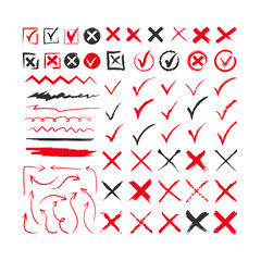 Poster - Different chalk marks flat icon collection. Arrows, correct and check marks making with brush or pen vector illustration set. Marking and navigation concept