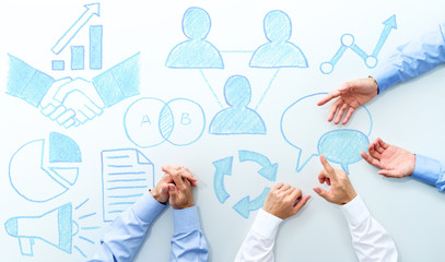 Poster - Business meeting of management plan. Top view of three men discussing. Many hand drawing icons.