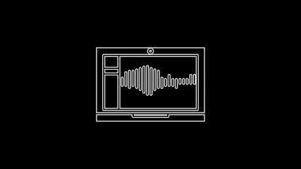 Poster - White line Sound or audio recorder or editor software on laptop icon isolated on black background. 4K Video motion graphic animation