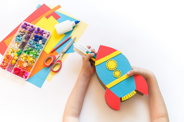 Wall Mural - Rocket craft made of cardboard and paper. Recycling children's creativity.
