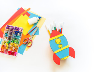 Wall Mural - Rocket craft made of cardboard and paper. Recycling children's creativity.