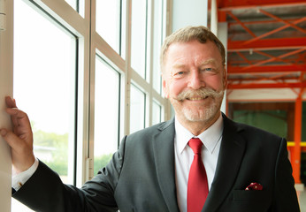 Portrait of old bearded caucasian man in suit hand clasped glass wall over studio background, portrait of smiley senior business man with beard and moustache at office.Attractive retired man.