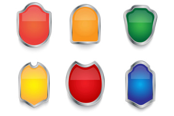 Fototapete - Blue, red shield icon. Vector doodle set of shields. Glossy, metallic symbol of protection. Stock Photo.
