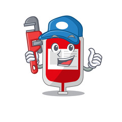 Sticker - cartoon character design of blood plastic bag as a Plumber with tool