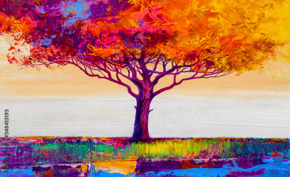 Oil painting landscape. Colorful autumn tree. Abstract style. - obrazy, fototapety, plakaty 