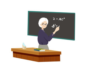 Old female teacher is writing math formulas on the blackboard.Teacher in the classroom.