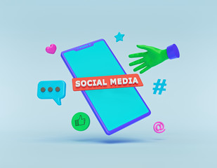 Poster - social network Icons with a smartphone. abstract trendy design for social media advertising. technology concept. 3d rendering