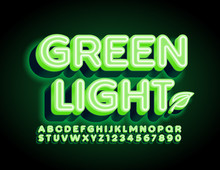 Vector Green Light Font With Decorative Leaf. Neon Electric Alphabet Letters And Numbers