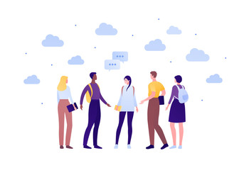 Wall Mural - Student lifestyle and diversity friendship concept. Vector flat person illustration. Group of multi-ethnic young adult friend hold. Speech bubble. Design for banner, web, infographic.